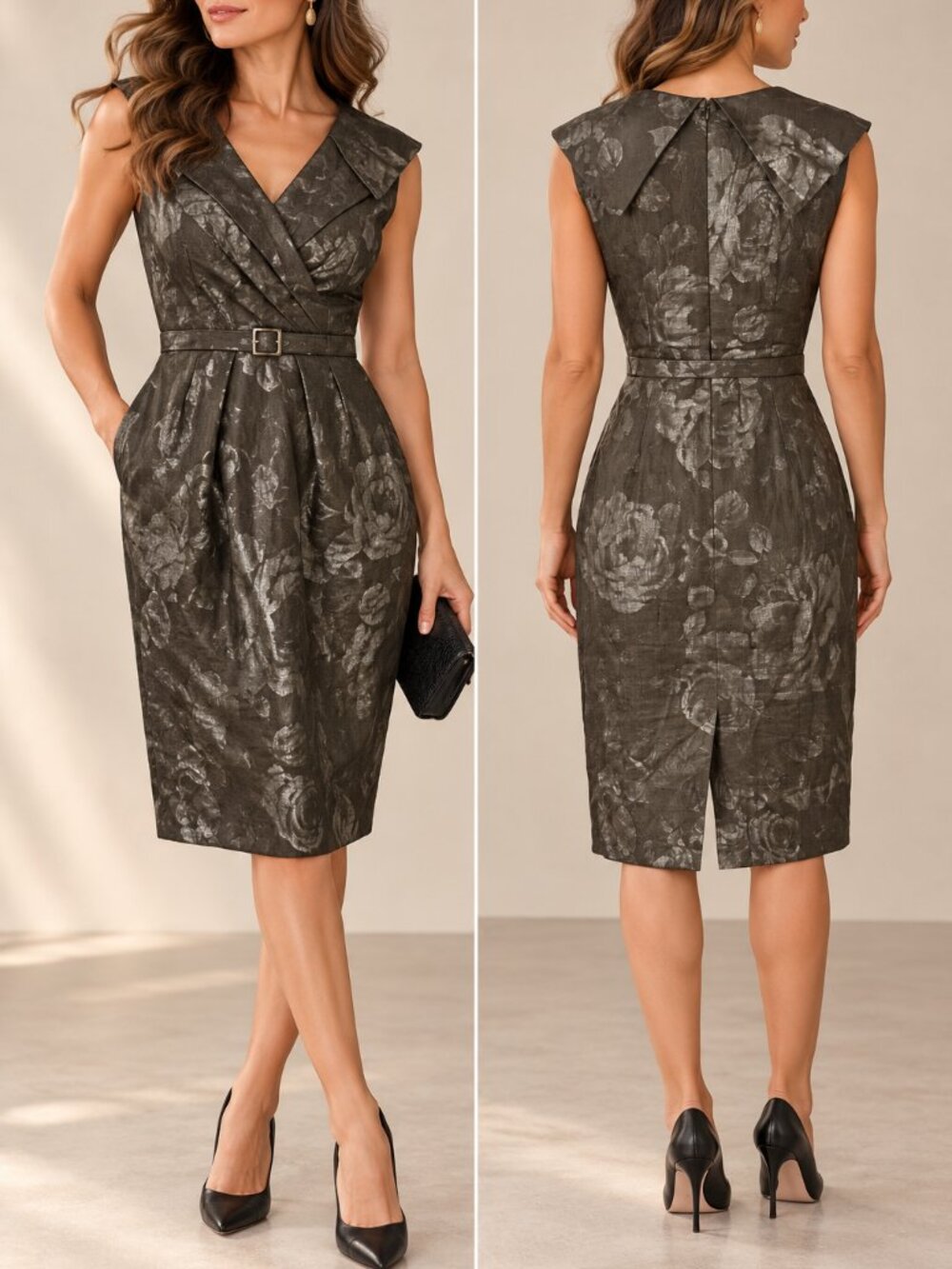 Classiques Entier Metallic Floral Linen Belted Sheath Dress Size 8